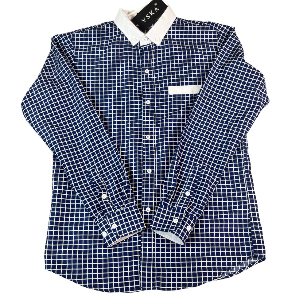 VSKA Mens Navy Blue White Grid Long Sleeve Button Down Shirt Contrast Collar XXL